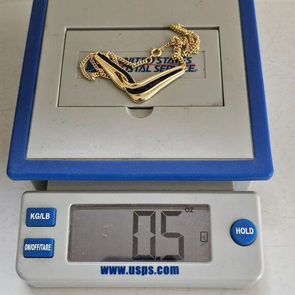 Vintage Black Enamel V Cut Out Necklace 16.5" Curb Chain Choker Gold Tone Metal - Picture 7 of 9